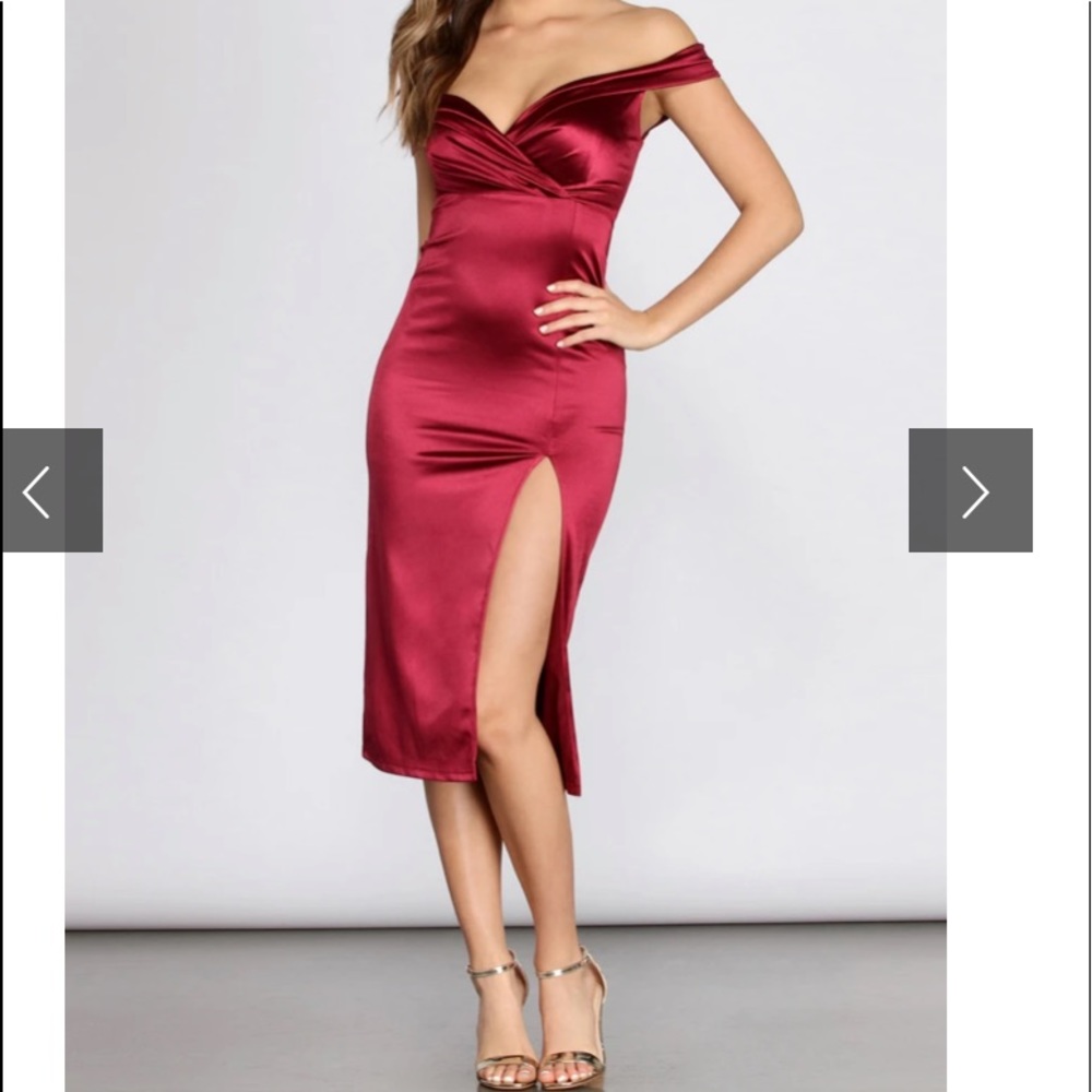 NWT Burgundy Satin Off The Shoulder Midi Dress